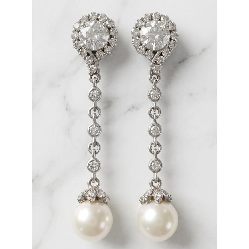 Jean Dousset White Cultured Pearl CZ Drop Sterling Silver 925 Dangling Earrings